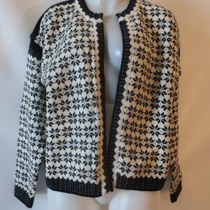 Women Lill Design Black Off-White New Wool Open Norwegian Sweater Cardigan L *